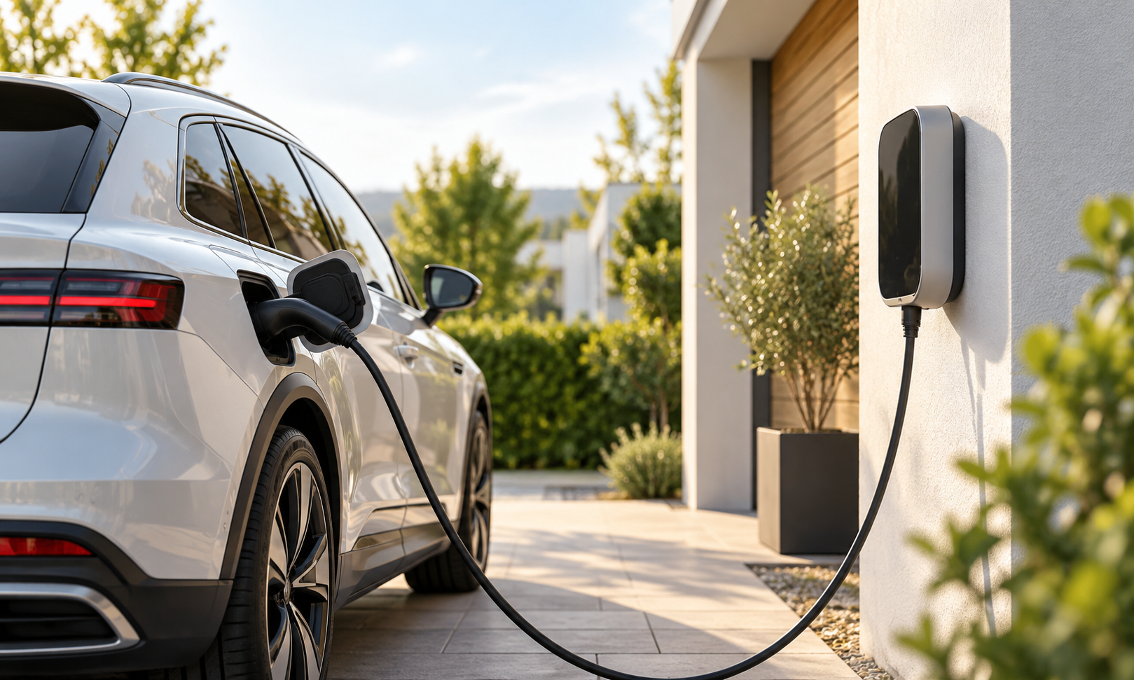 Elektroauto beim Laden an einer privaten Wallbox am Wohnhaus