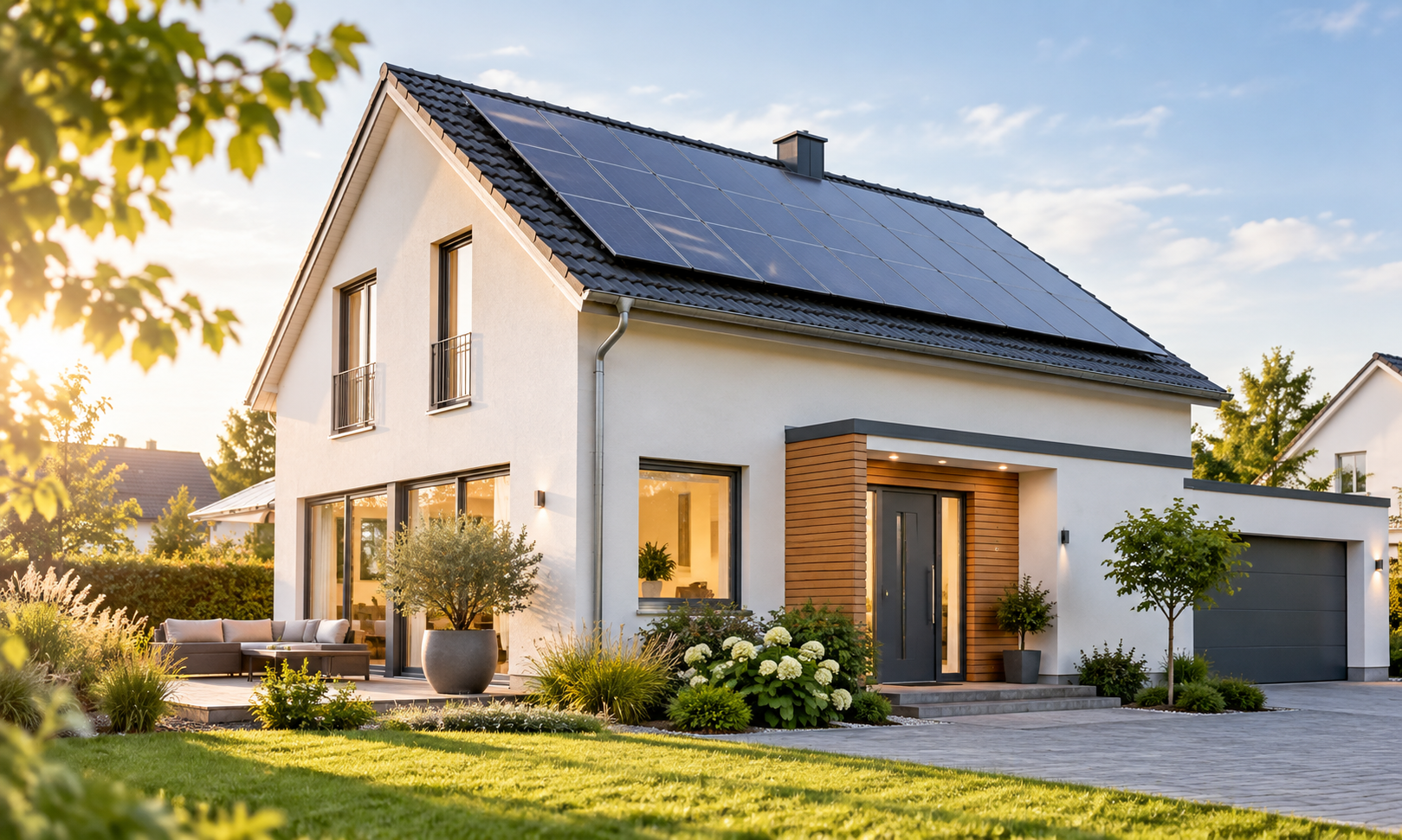 Modernes Einfamilienhaus mit Solaranlage für Privatstrom und Gastarife